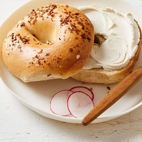 An everything bagel spread with Treeline plain cashew cream cheese