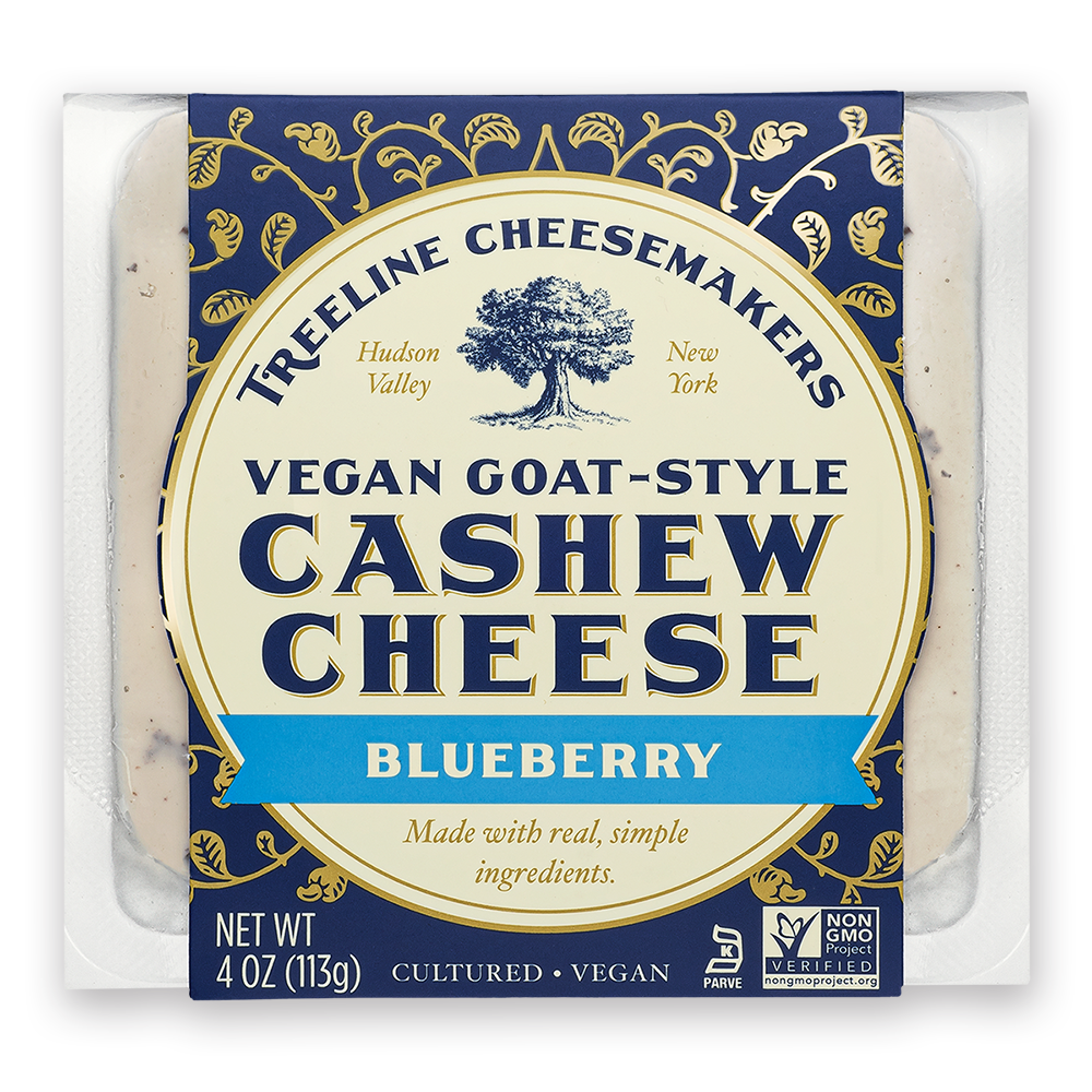 Treeline Blueberry Vegan Goat-Style cheese in its packaging