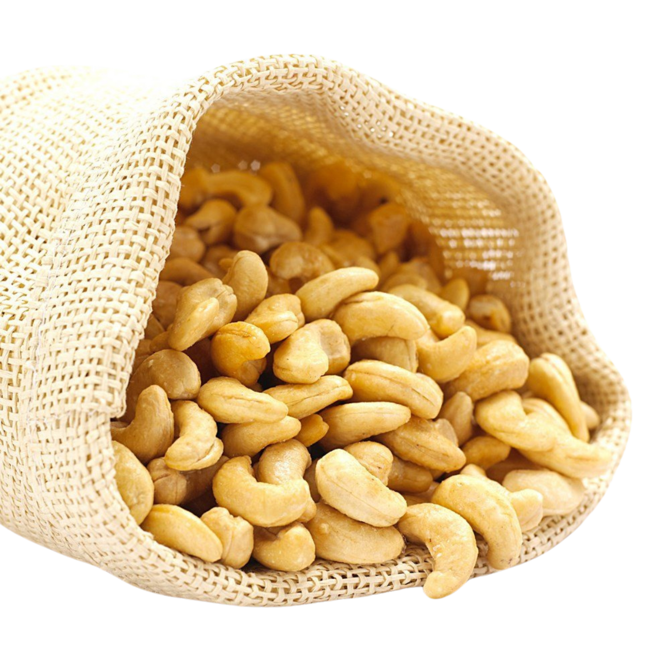 whole cashews in a burlap sack