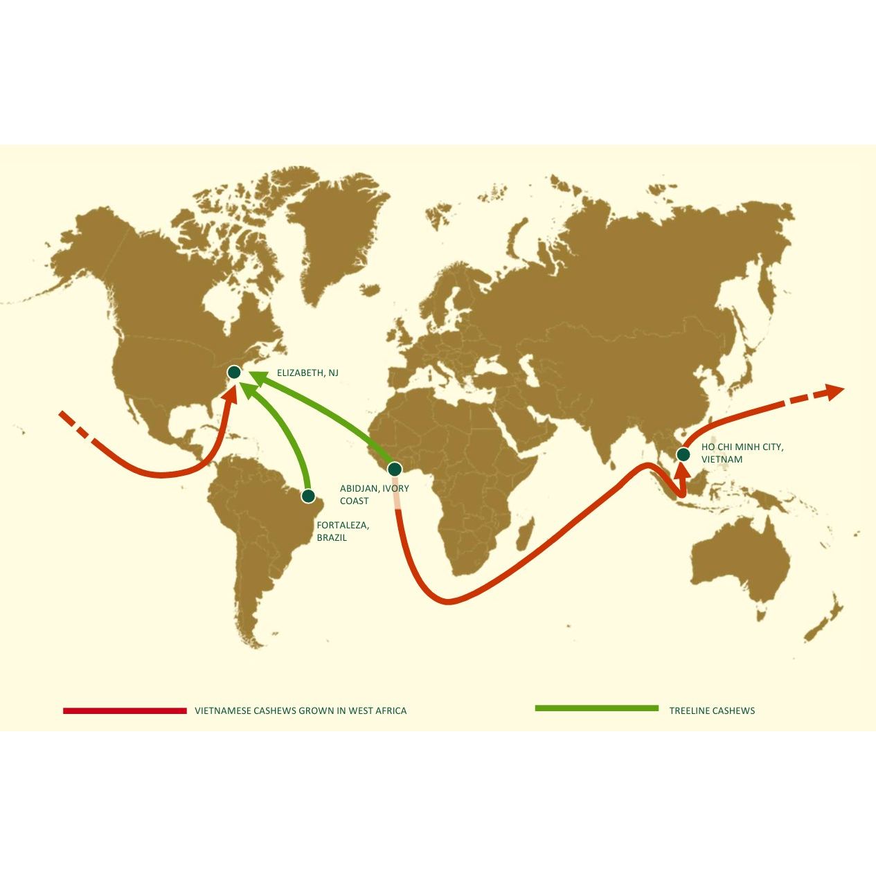 a map of the world showing shipping routes of cashews