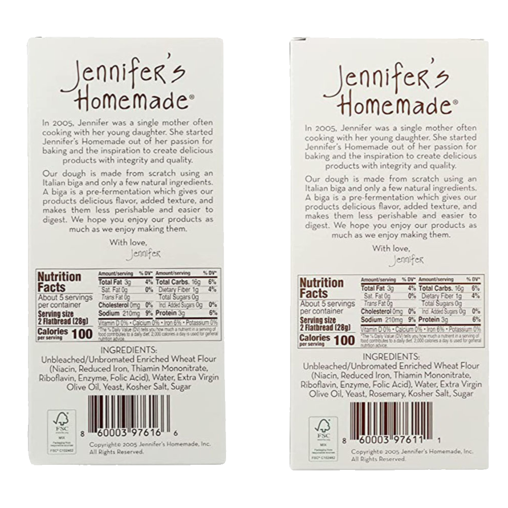 Jennifers Homemade Original flatbread and Rosemary Flatbread  Nutritional labels