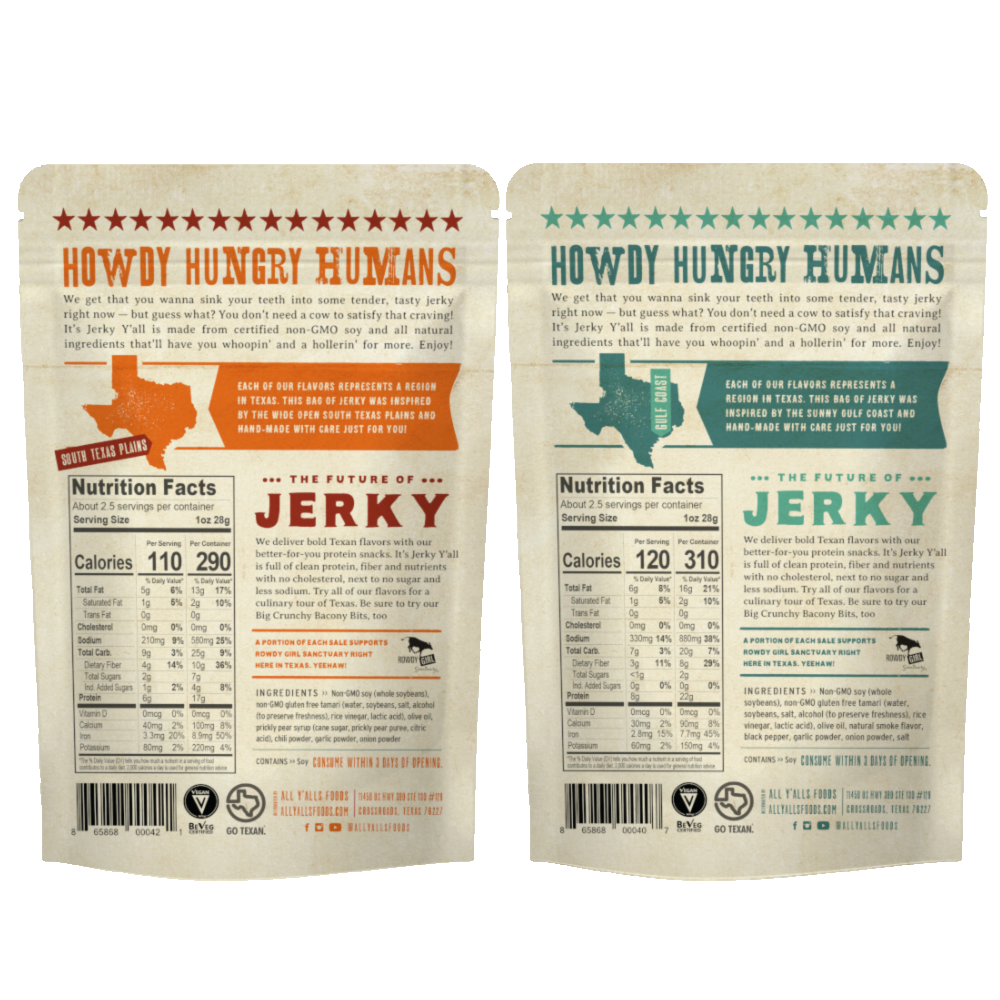 Its Jerky Yall Plant based Jerky Black Pepper & Sea Salt and Prickly Pear Chipotle Nutritional labels