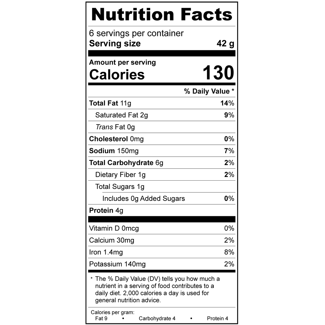 Treeline Cheese Vegan Plain cream cheese snack packs Nutritional Label 